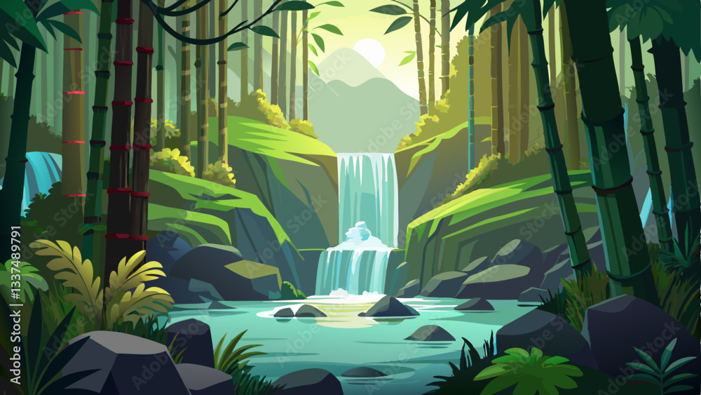 vector of hidden waterfall deep within a bamboo forest, with mist rising from the rushing water and the sound of nature surrounding the scene.