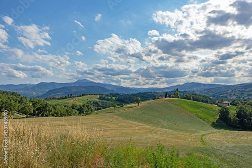 Obraz na płótnie panoramica su un bellissimo ambiente naturale tra le alte colline tra Toscana ed Emilia Romagna, in estate w salonie