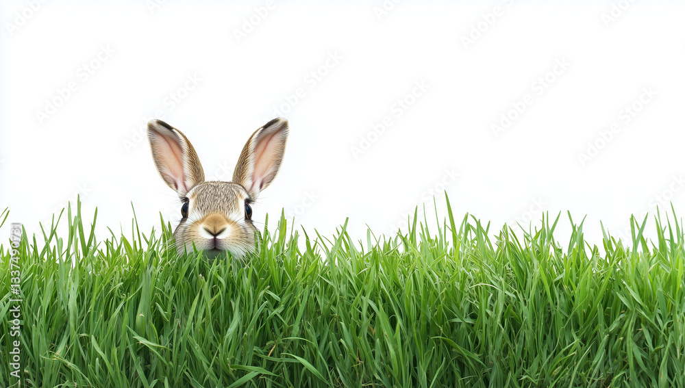 Obraz premium Playful Rabbit Peeking from Grass on White Background – Easter or Spring Concept