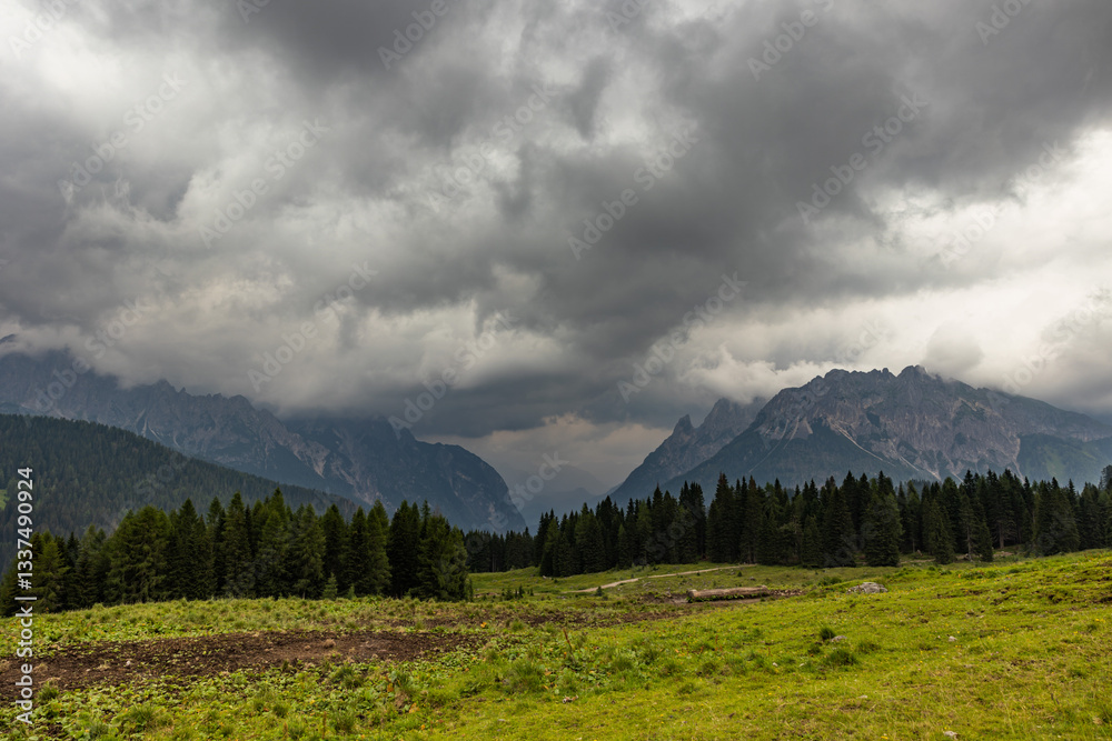 panoramica su un ambiente naturale di montagna in Veneto, nel nord Italia, di giorno, in estate, con cielo completamente nuvoloso e minaccioso per l'arrivo di un temporale