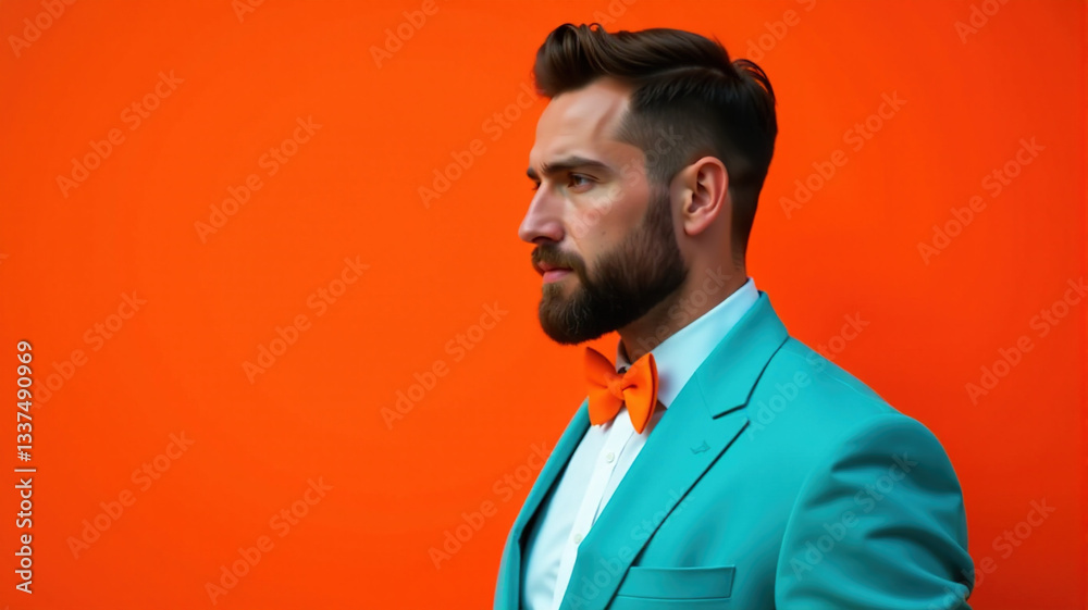 Stylish man in a teal suit and orange bow tie against a bright orange background. Perfect for fashion or business contexts. Stylish man in a teal suit and orange bow tie against a bright orange background. Perfect for fashion or business contexts.