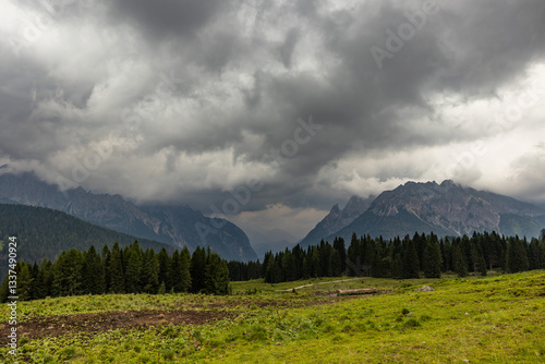 Obraz na płótnie panoramica su un ambiente naturale di montagna in Veneto, nel nord Italia, di giorno, in estate, con cielo completamente nuvoloso e minaccioso per l'arrivo di un temporale w salonie