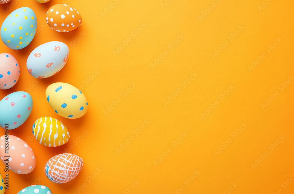 Fototapeta premium Easter Border with Painted Eggs - Flat Lay Top View on Orange Background with Text Space