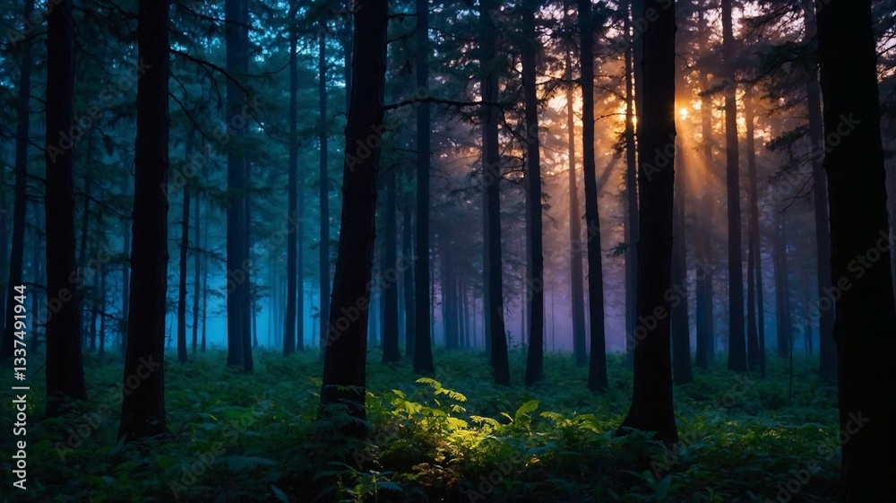 A forest at night with the sun shining through the trees A forest at night with the sun shining through the trees