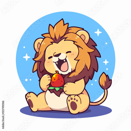A cute cartoon lion cub is happily eating a strawberry with its eyes closed, sitting in front of a blue circle with stars.