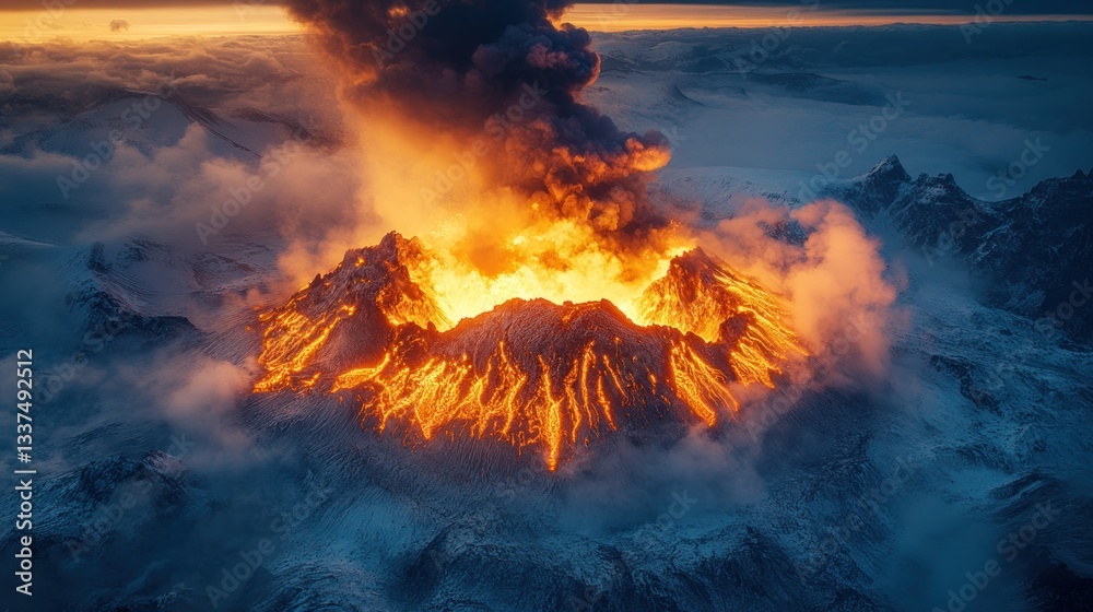 Fototapeta premium Fiery Volcano Eruption: Aerial View of a Dramatic Volcanic Landscape