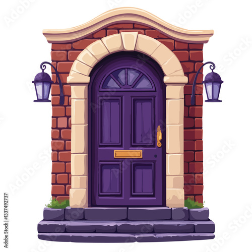 Vintage Front Door with Stone Frame in Old Building Facade