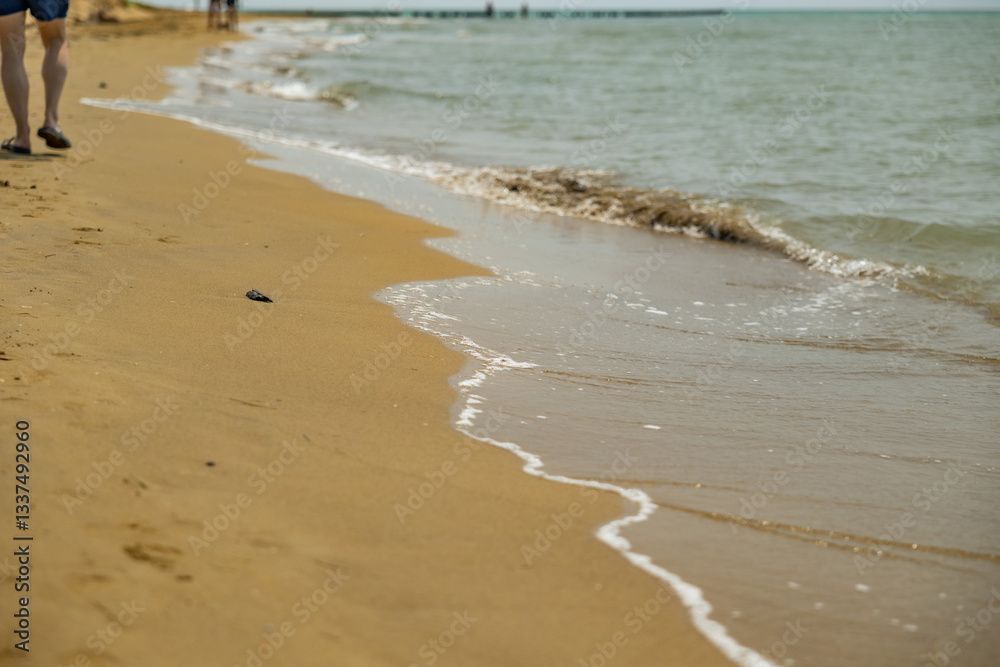 vista dettagliata sul bagnasciuga di una spiaggia, di giorno, in estate, bagnato dall'acqua del mare Adriatico, con le gambe di una persona che cammina sullo sfondo