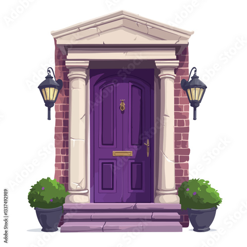 Vintage Front Door with Stone Frame in Old Building Facade