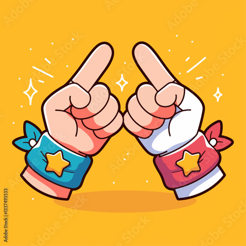 Two cartoon hands with index fingers pointing upwards, adorned with colorful wristbands featuring stars.