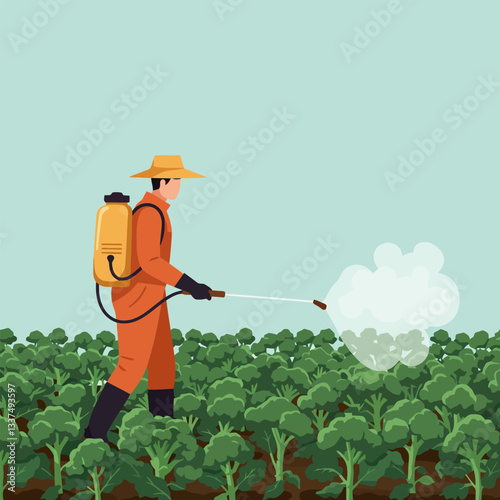 Spraying Vegetable Field Protecting Crop with Backpack Sprayer Illustration