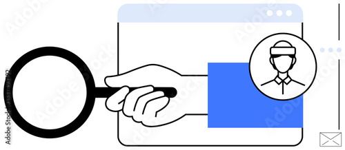 Hand holding magnifying glass examining web browser with user profile icon. Ideal for user research, profile verification, identity check, analytics, recruitment, monitoring, data privacy. Flat