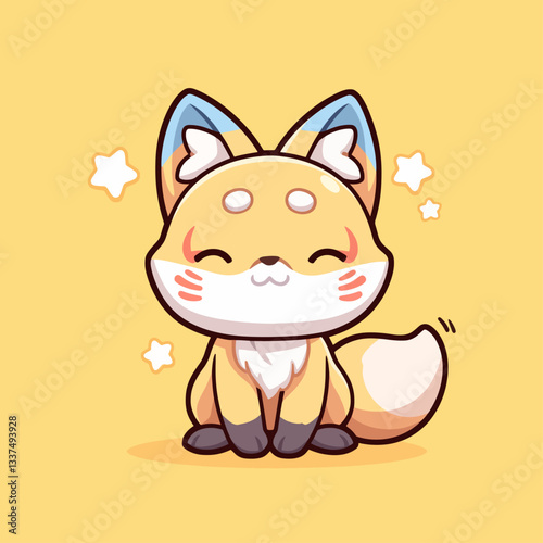 A cute, cartoonish fox with closed eyes and rosy cheeks sits against a soft yellow background with small star accents.