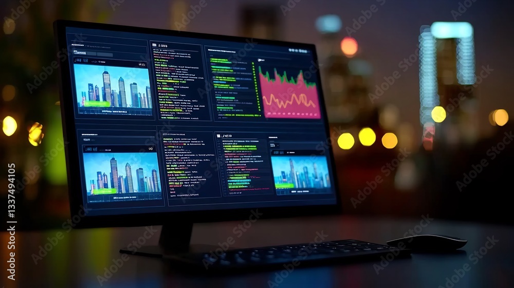 Night city skyline, monitor displaying data, business, modern technology Night city skyline, monitor displaying data, business, modern technology