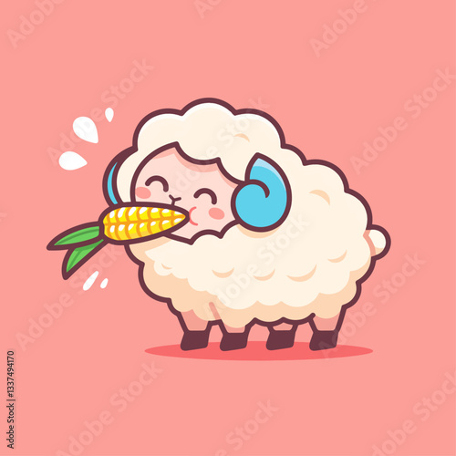 A cute, fluffy cartoon sheep with blue horns happily eating a piece of corn on a pink background.