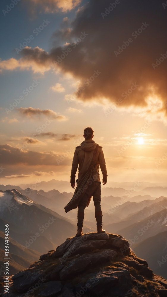 Man standing on a rocky peak, overlooking mountains at sunset. The sky is filled with orange and golden light, inspiring adventure and serenity. Man standing on a rocky peak, overlooking mountains at sunset. The sky is filled with orange and golden light, inspiring adventure and serenity.