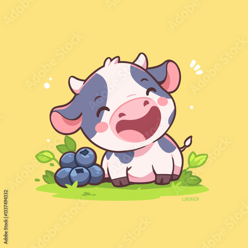 A cute cartoon blueberry cow happily sitting on green grass with a pile of fresh berries.