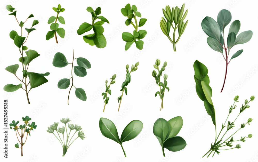 Collection of various green herbs and plants arranged artistically showcasing diversity in shape, size, and texture found in nature Collection of various green herbs and plants arranged artistically showcasing diversity in shape, size, and texture found in nature