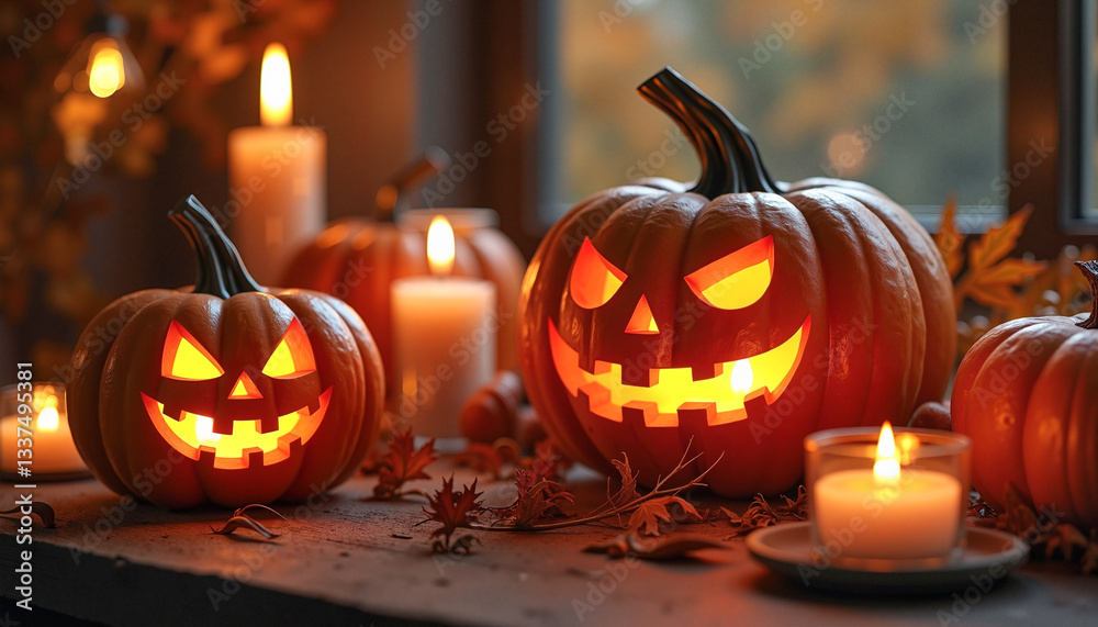 Glowing jack-o'-lanterns with flickering candles and autumn leaves, creating an elegant Halloween ambiance, seasonal celebration concept. Glowing jack-o'-lanterns with flickering candles and autumn leaves, creating an elegant Halloween ambiance, seasonal celebration concept.