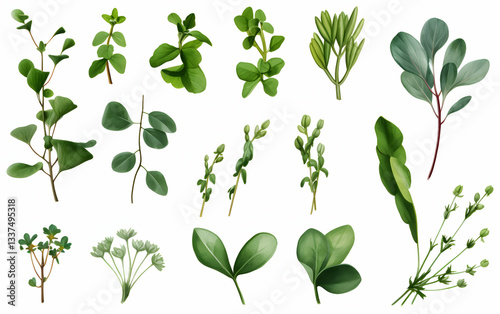 Collection of various green herbs and plants arranged artistically showcasing diversity in shape, size, and texture found in nature