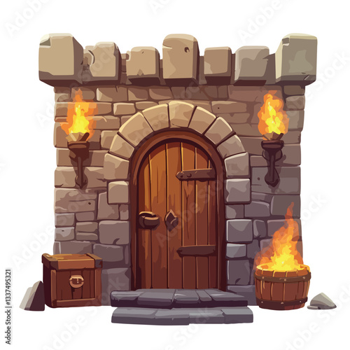 Medieval Wooden Castle Door Leading to Prison Cartoon Illustration