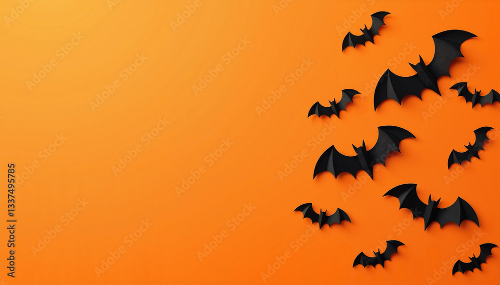 Minimalist Halloween decor featuring dynamic black paper bats on a vibrant orange background, festive celebration concept. Minimalist Halloween decor featuring dynamic black paper bats on a vibrant orange background, festive celebration concept.
