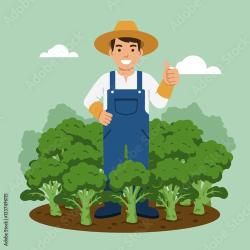 Farmer Giving Thumbs Up Standing in Broccoli Field with Hat