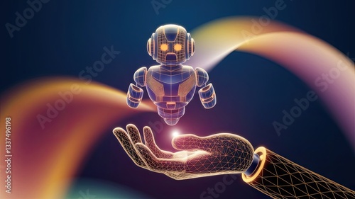 3D abstract digital AI robot floating above a human wireframe hand. Chatbot or AI bot assistant. Technology innovation concept. Tech dark blue background. Low poly vector illustration 