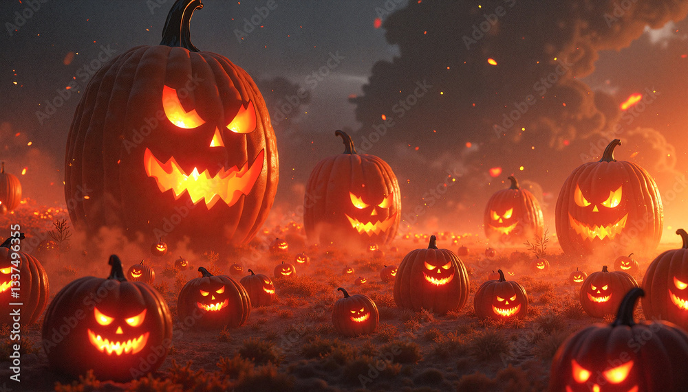 Colossal jack-o’-lanterns glowing ominously in a fiery pumpkin field with swirling ash and embers, dark fantasy atmosphere. Halloween celebration concept. Colossal jack-o’-lanterns glowing ominously in a fiery pumpkin field with swirling ash and embers, dark fantasy atmosphere. Halloween celebration concept.