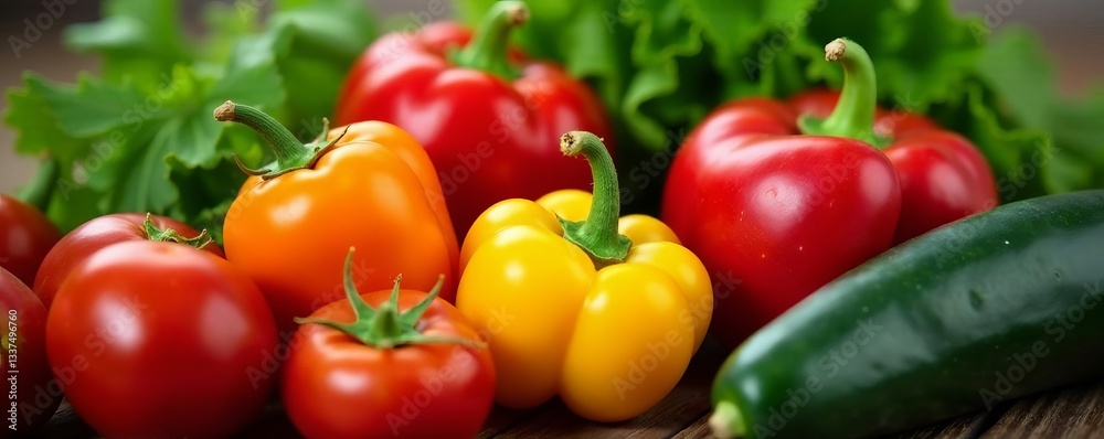 Close-up of various vegetables neatly arranged, vibrant, local