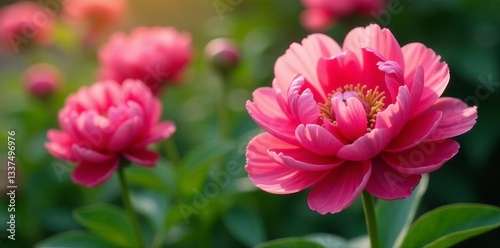 Close up of vibrant coral peony flowers in full bloom, vibrant, blossoms