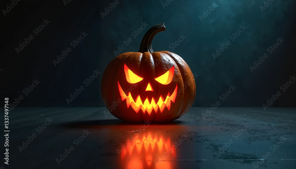 Naklejka premium Sinister carved pumpkin glowing in dark room with eerie reflections, Halloween concept.