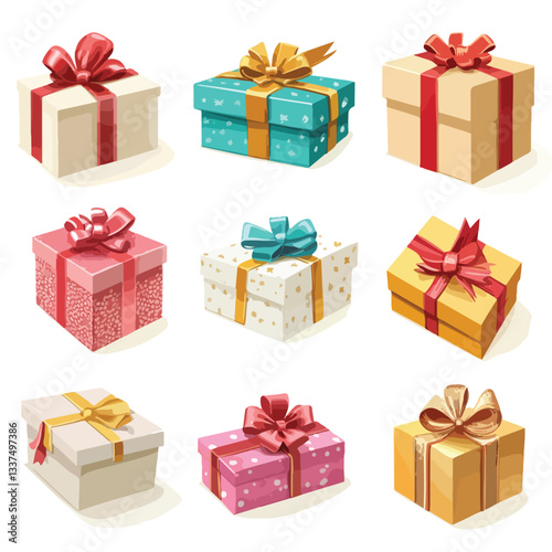 3D Gift Box Presents with Bows and Ribbon