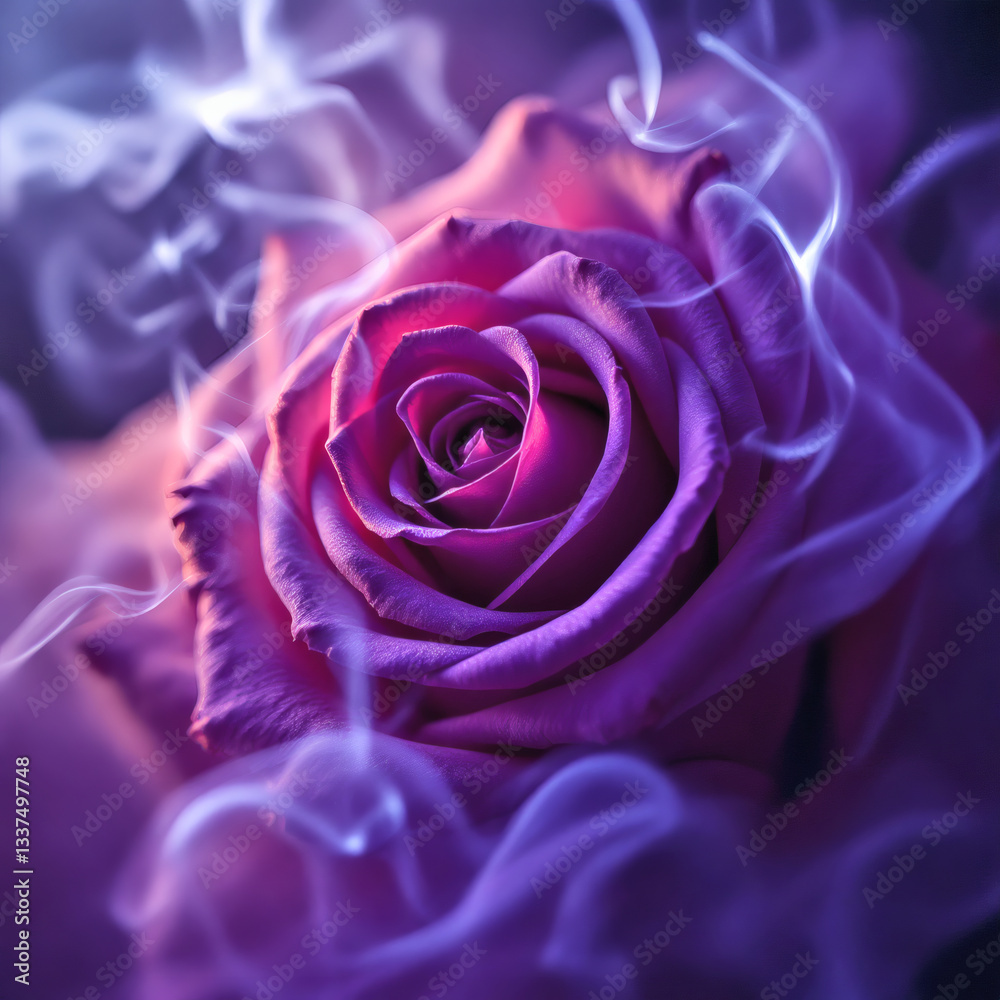 Naklejka premium Enchanting Velvet Purple Roses in Dreamy Blue Smoke, Romantic, Moody, Ethereal Floral Photography