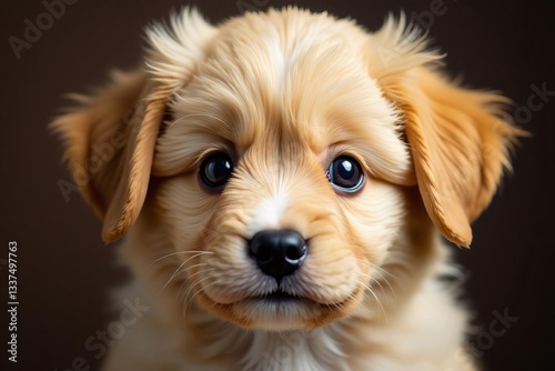 Closeup shot of a fluffy puppy with big, soulful eyes, adorable, dog