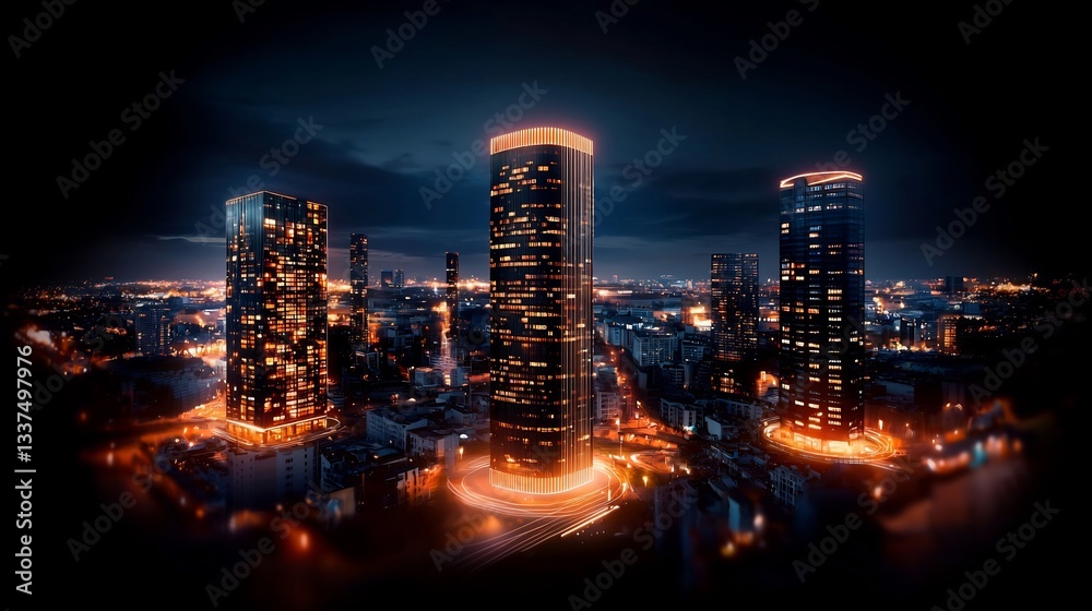 Obraz premium Night cityscape with illuminated skyscrapers.