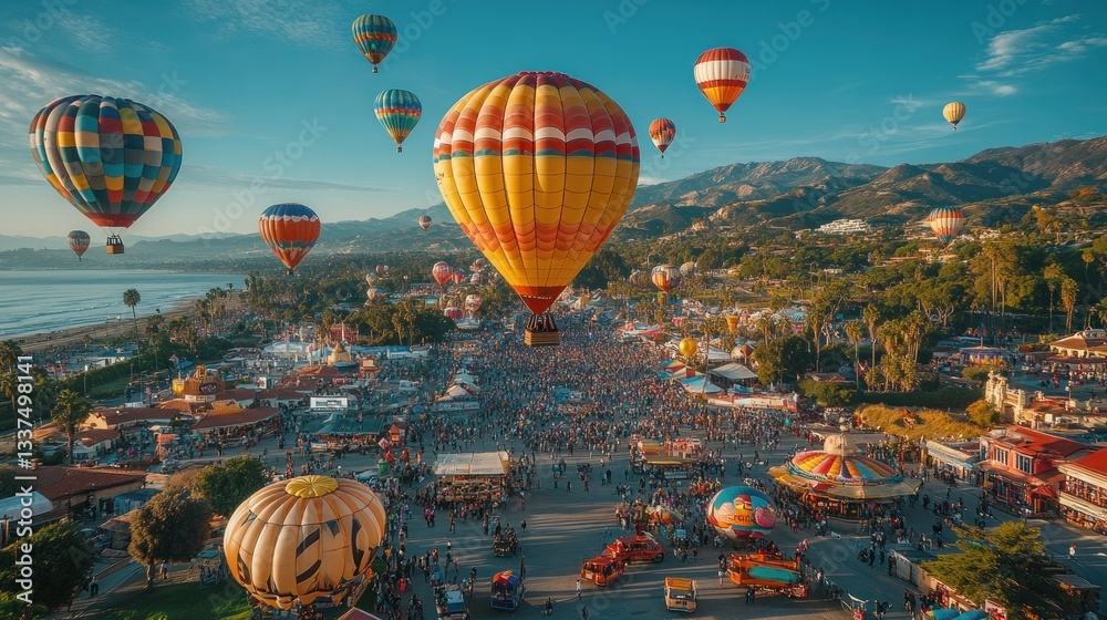 Fototapeta premium Hot Air Balloons Festival Over Coastal Town