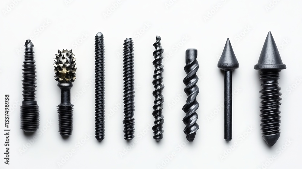 A set of metal screws displayed against a white background A set of metal screws displayed against a white background
