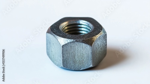 A single metal nut isolated against a white background, commonly known as a female screw