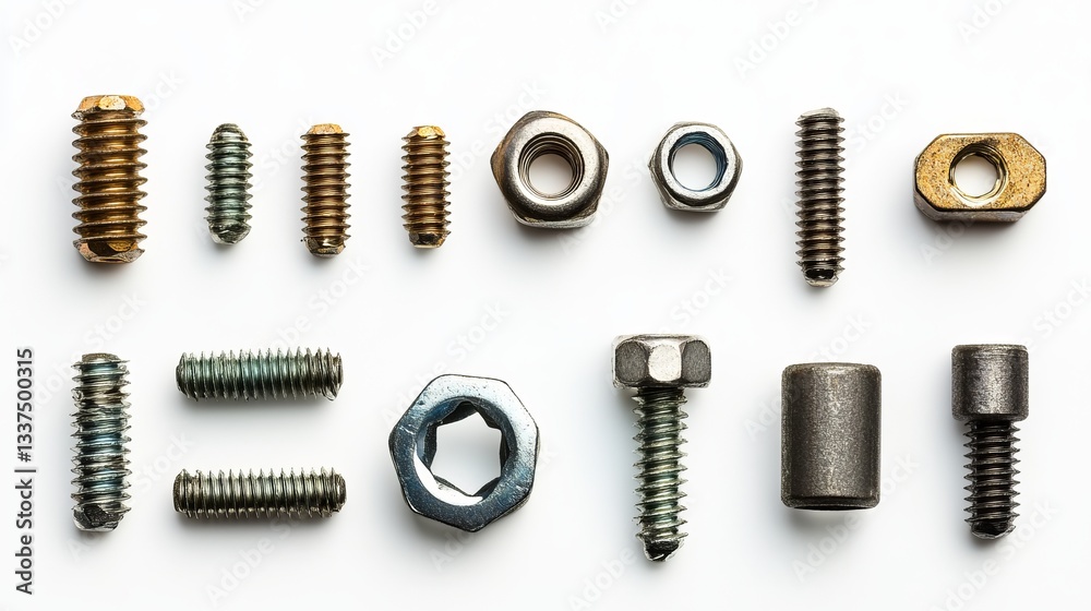 Assorted screw heads, nuts, and rivets displayed against a white background Assorted screw heads, nuts, and rivets displayed against a white background