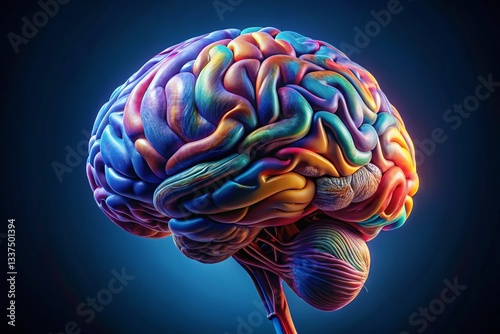 3D Render of Human Brain, Side View, Dark Blue Background - Panoramic Medical Illustration
