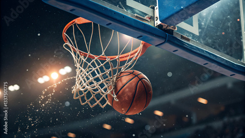 Wallpaper Mural Basketball flying towards hoop in arena full of fans,A basketball soars through the air, perfectly captured mid-flight above the court, A close-up action shot of a basketball swishing through the hoop Torontodigital.ca