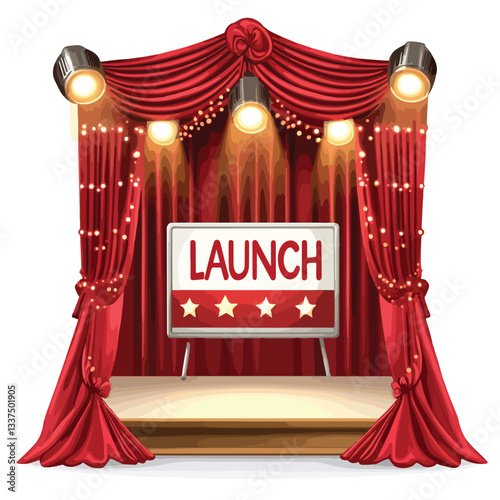 Grand Stage with Crimson Drapes and LAUNCH Sign