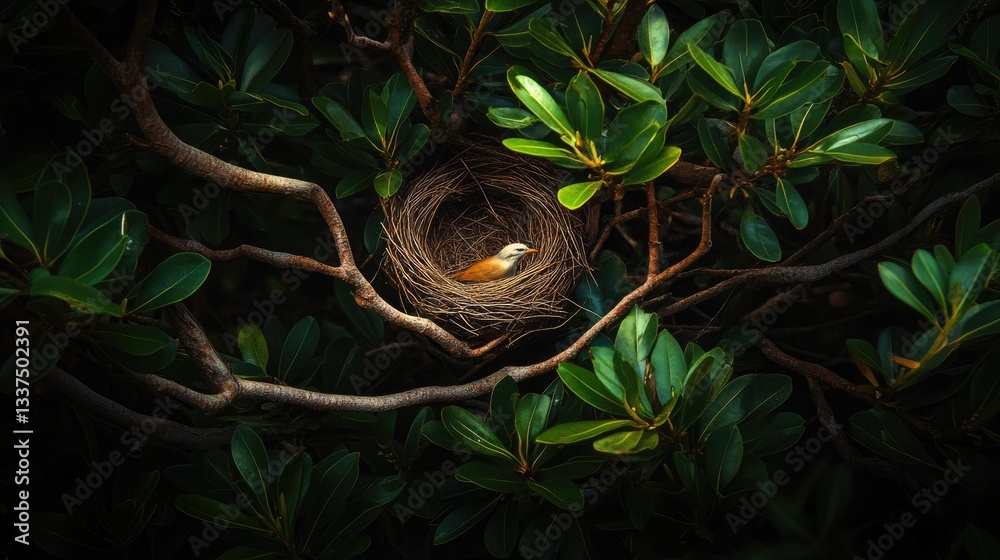 Fototapeta premium A peaceful forest canopy with a single nest blending into the dense leaves