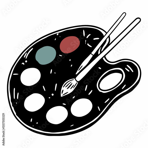 Artist Palette with Paints and Brush in Simple Style  