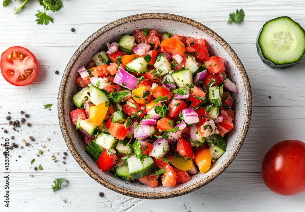 Fresh Colorful Vegetable Salad with Cucumbers, Tomatoes, Bell Peppers, Onions, and Herbs in Rustic Bowl on Light Wooden Background Fresh Colorful Vegetable Salad with Cucumbers, Tomatoes, Bell Peppers, Onions, and Herbs in Rustic Bowl on Light Wooden Background