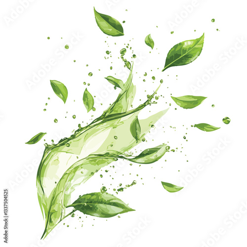 Green Herbal Tea Wave Splash with Leaves Flow