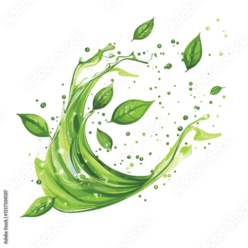 Green Herbal Tea Wave Splash with Leaves Flow