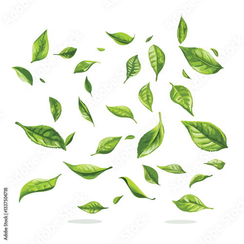 Green Tea Leaves Flying and Falling on White Background
