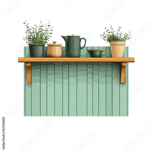 Elegant Green Wall Panelling with Wooden Shelf in Kitchen Interior Design